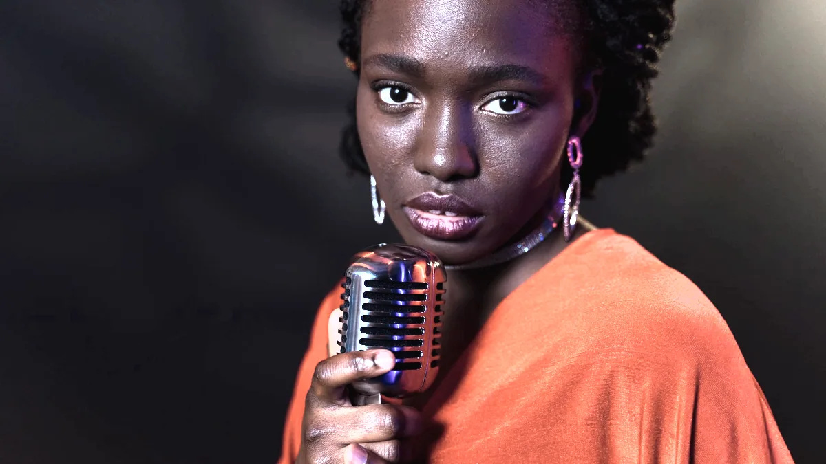A microphone photographed close, with the room behind it in darkness.