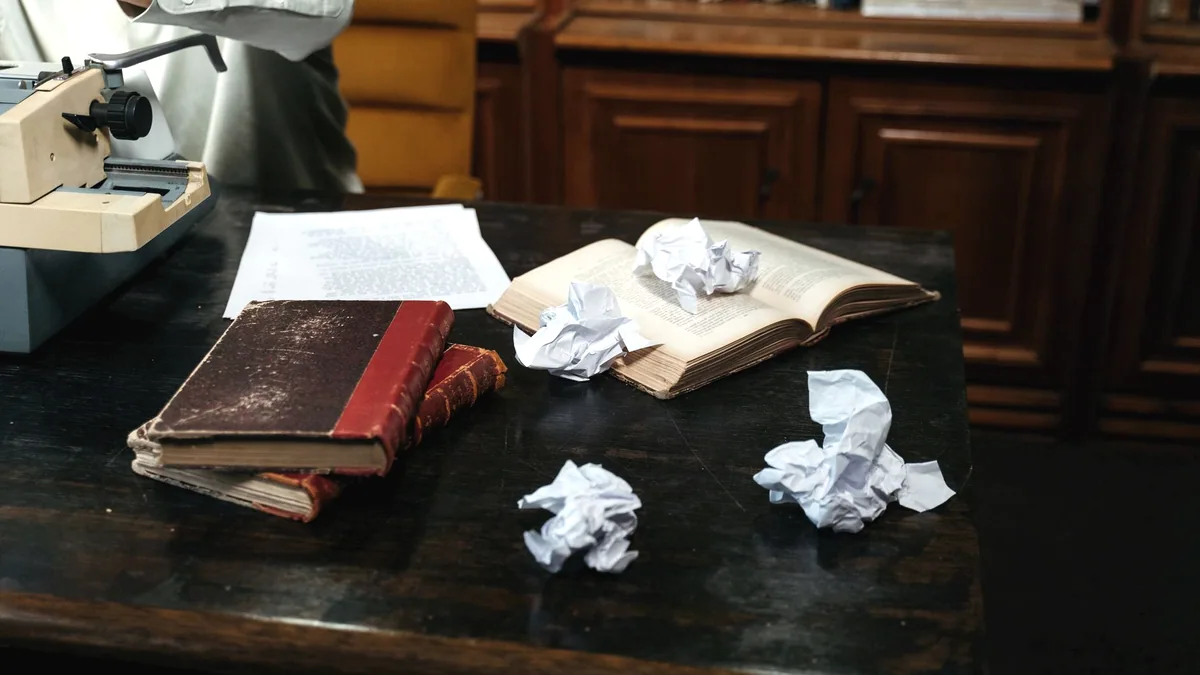 Loose and crumpled sheets of paper on a desk.