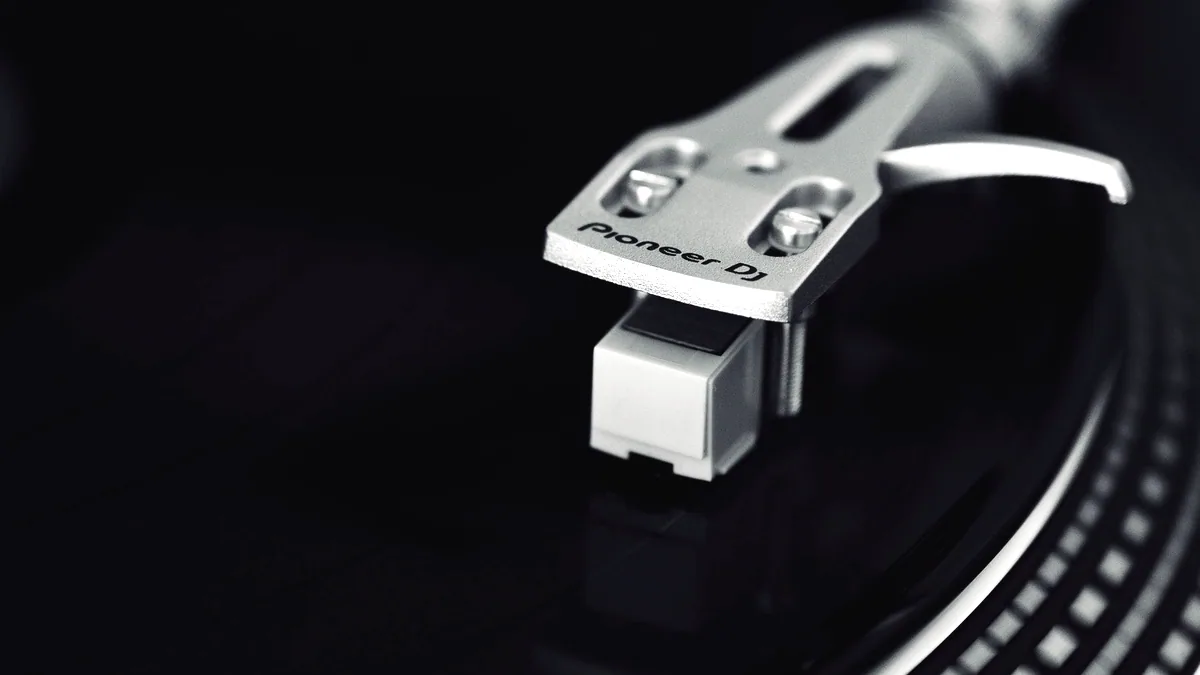 A turntable and a record, close up.