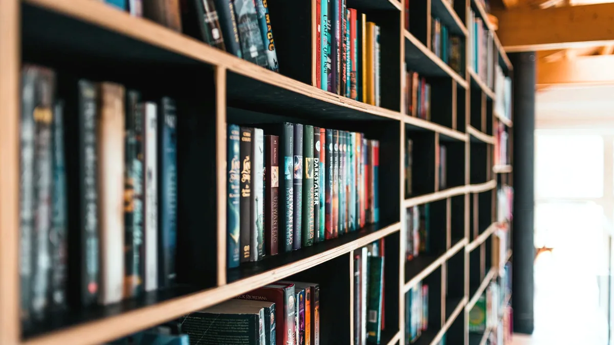 A reading room lined with shelves.