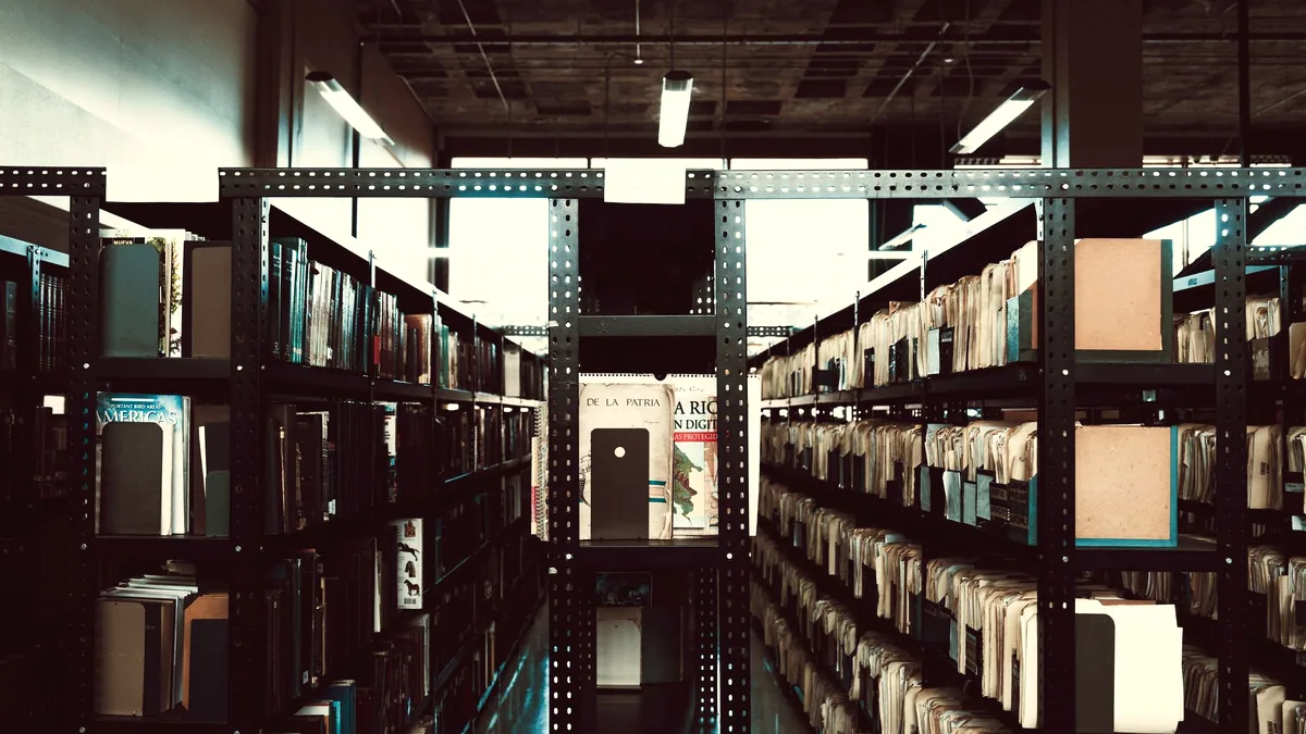 Shelves of older books and boxed papers.