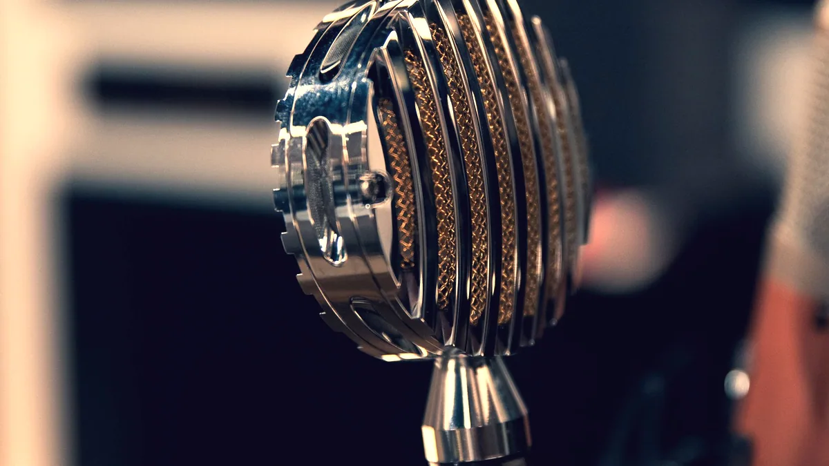 The head of a microphone, close enough to see the grille.