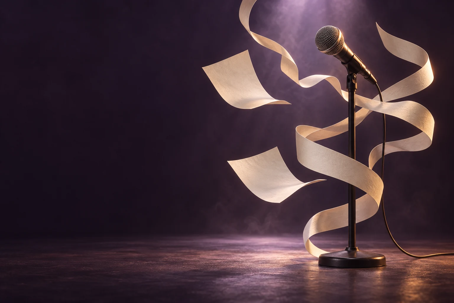 Ivory paper ribbons curling through the air around a microphone on a plum-coloured stage. Original AI-created editorial artwork.